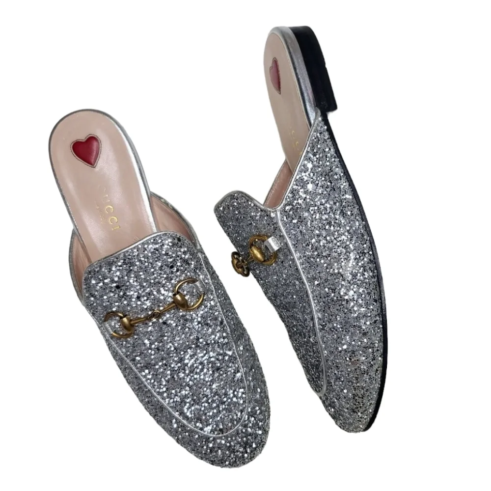 Gucci Princetown Size 37.5 US 7.5 Leather Mule Silver Glitter Slipper - Picture 6 of 9